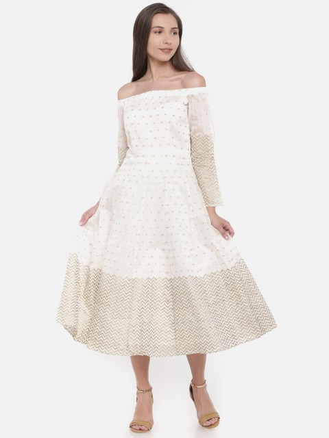 

Global Desi Women Off-White Printed Off-Shoulder A-Line Dress
