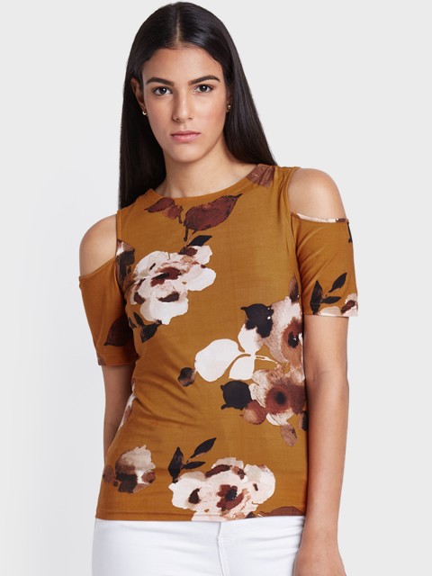 

AND Women Rust Brown Floral Printed Cold-shoulder Top
