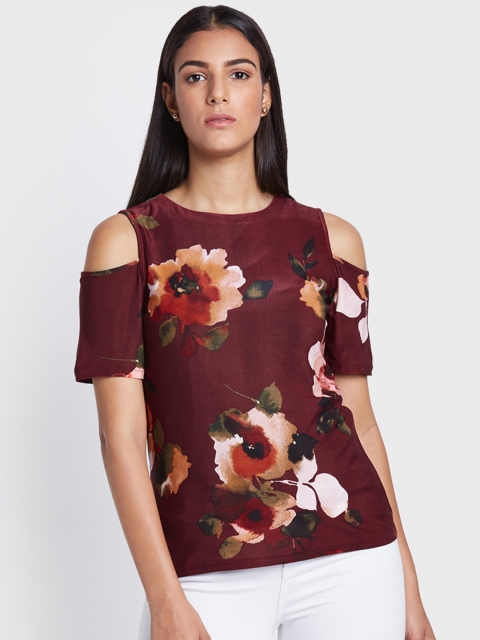 

AND Women Burgundy Floral Printed Cold-shoulder Top