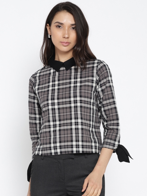 

AND Women Black & Grey Checked Pure Cotton Top