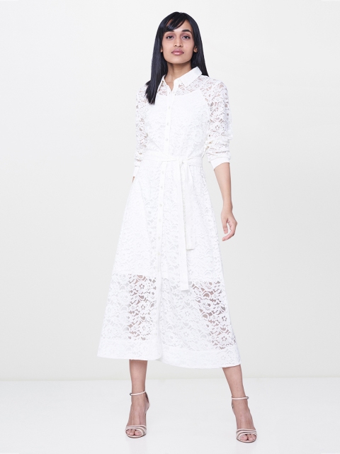 

AND Women Off-White Self Design A-Line Shirt style Dress