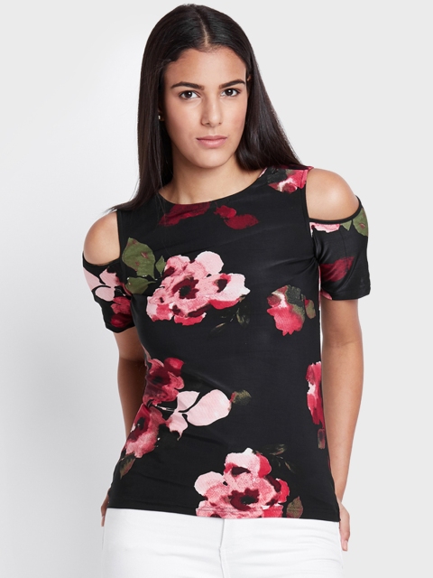 

AND Women Black Floral Printed Cold-shoulder Top
