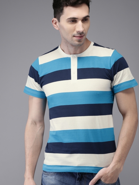 

HERE&NOW Men Blue & Off-White Striped Henley Neck T-shirt