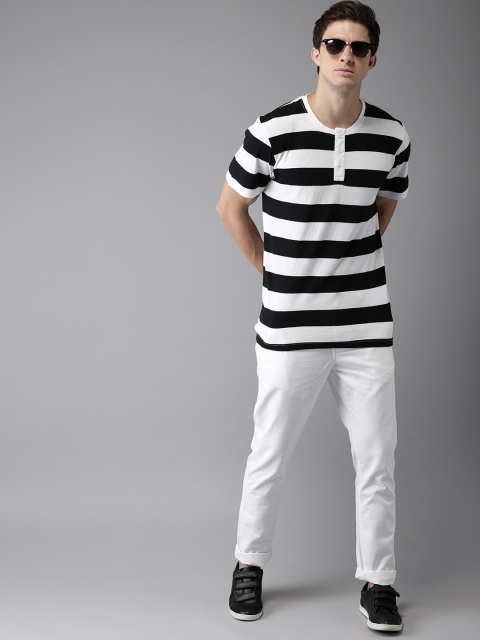 

HERE&NOW Men Black & White Striped Henley Neck T-shirt