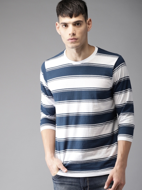 

HERE&NOW Men Blue Striped Round Neck T-shirt