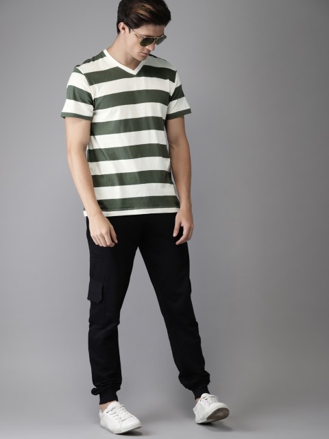 

HERE&NOW Men Cream & Green Striped V-Neck T-shirt