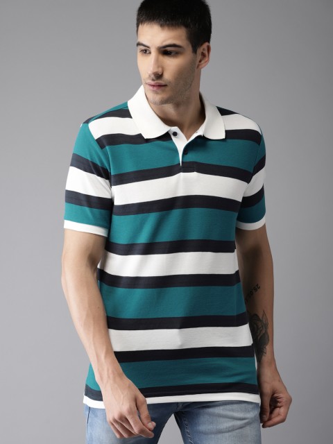 

HERE&NOW Men Teal Blue & White Striped Polo Collar T-shirt