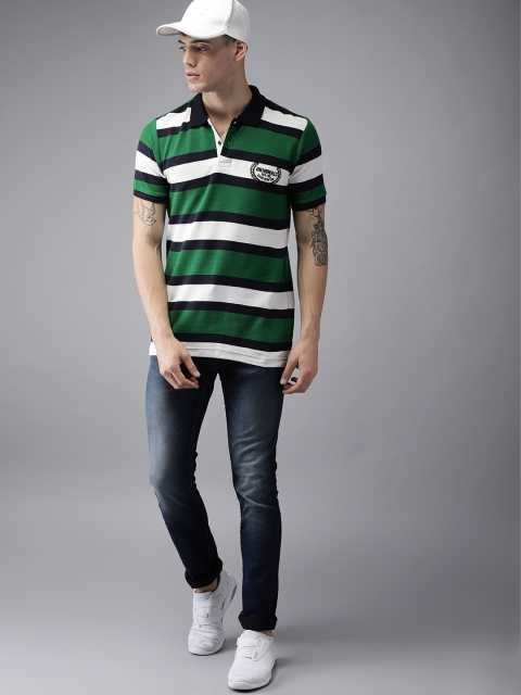 

HERE&NOW Men Green & White Striped Polo Collar T-shirt