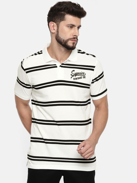

HERE&NOW Men White & Black Striped Polo T-shirt