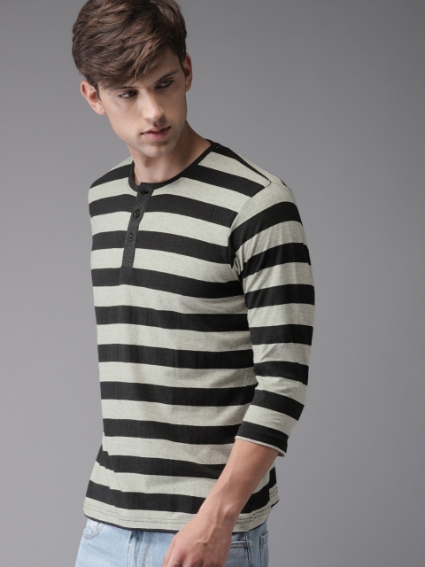 

HERE&NOW Men Black & Grey Striped Henley Neck T-shirt