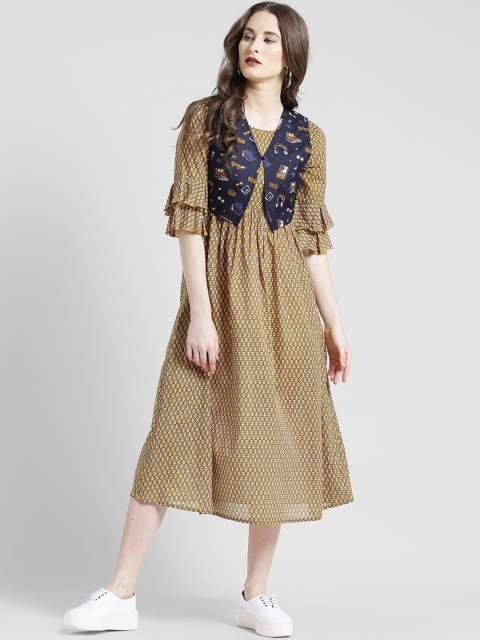 

Texco Women Mustard Printed Fit and Flare Dress