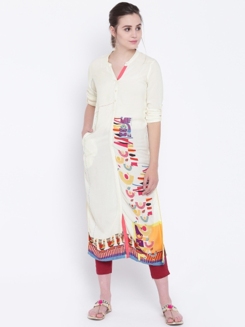 

Rangriti Women Cream-Coloured Printed Straight Kurta