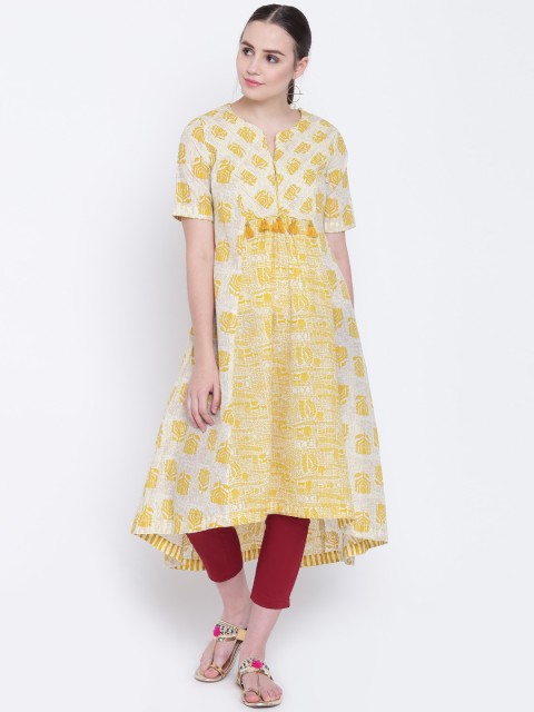 

Rangriti Women Yellow & Off-White Printed A-Line Kurta
