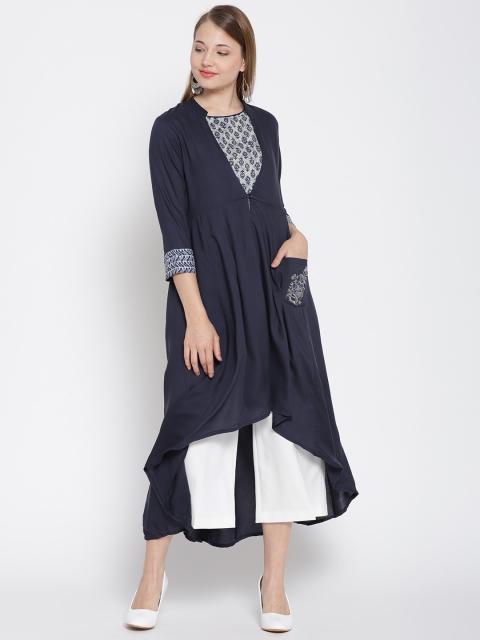 

Rangriti Women Navy Blue Layered A-Line Kurta with Embroidered Detail