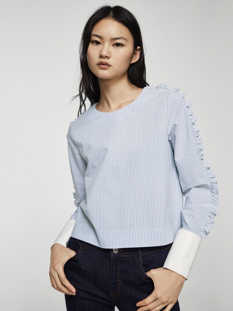 

MANGO Women White & Blue Striped Pure Cotton Top