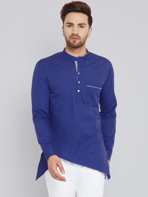 

See Designs Men Blue Solid Straight Asymmetric Kurta