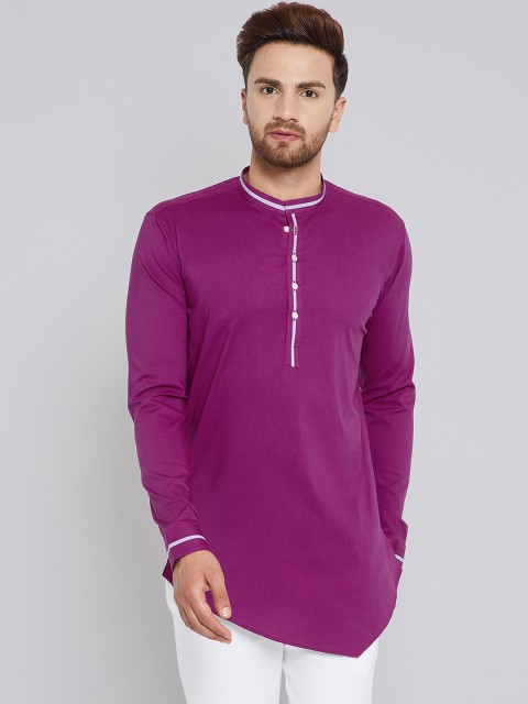 

See Designs Men Purple Solid Straight Cotton Asymmetric Kurta