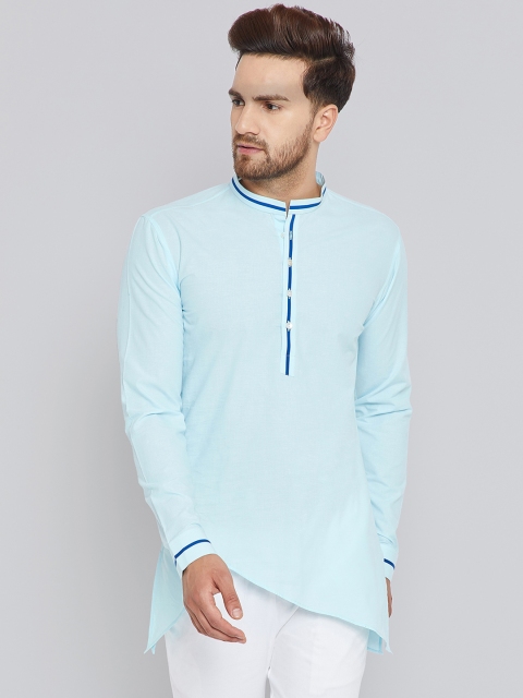 

See Designs Men Turquoise Blue Solid Asymmetric Hemline Straight Kurta