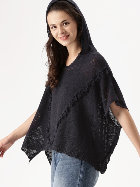 

DressBerry Women Navy Self Design Poncho, Navy blue