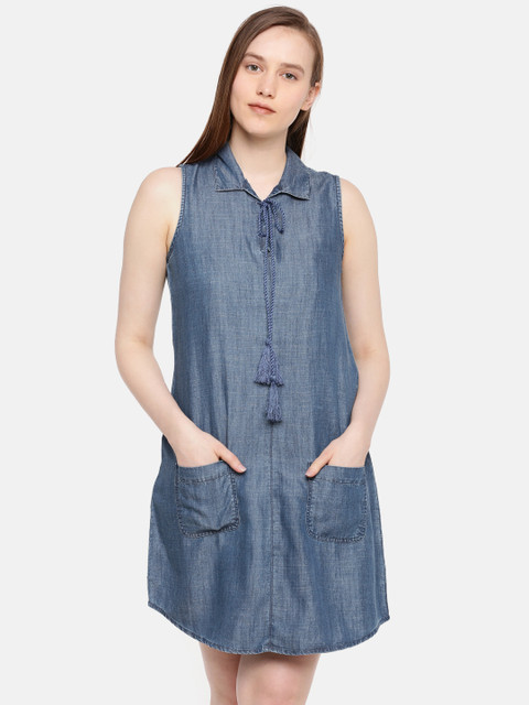 

Elle Women Blue Solid A-Line Denim Dress
