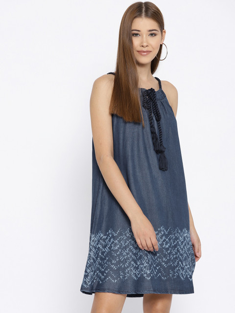 

Elle Women Blue Printed A-Line Denim Dress