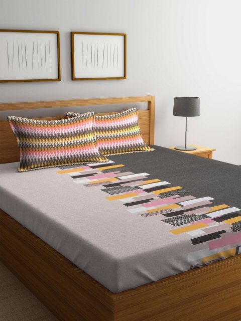 

Trident Grey Abstract Flat 120 TC Cotton 1 Queen Bedsheet with 2 Pillow Covers