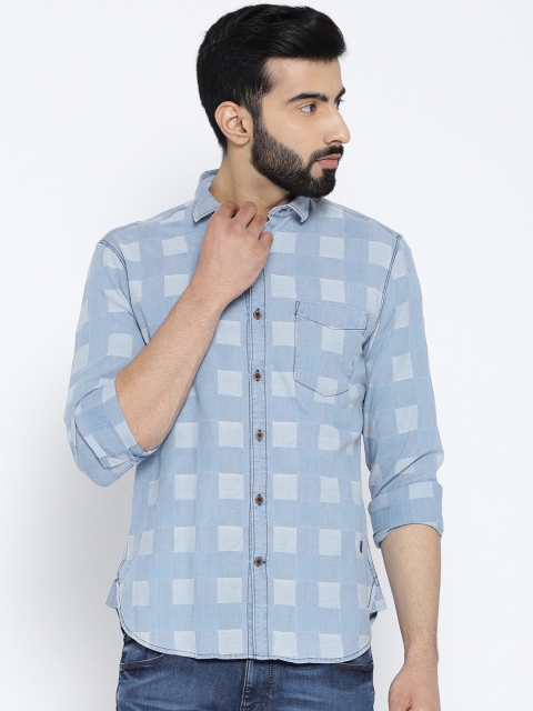 

John Players Men Blue Trim Fit Self-Checked Chambray Casual Shirt