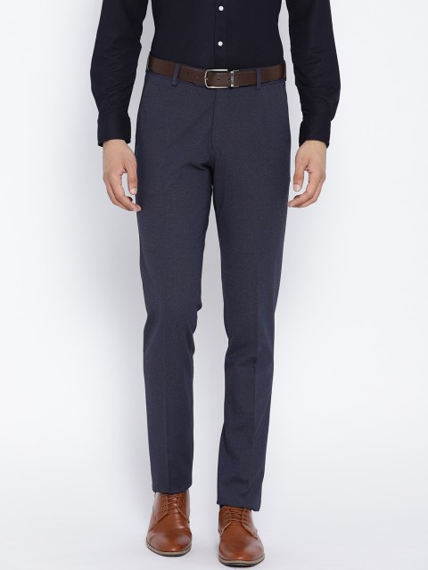 

John Players Men Navy Blue Slim Fit Self Design Formal Trousers