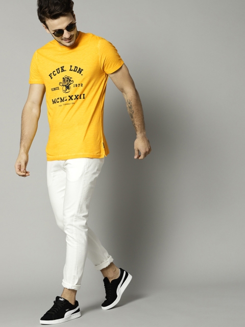 

French Connection Men Yellow Printed Round Neck T-shirt
