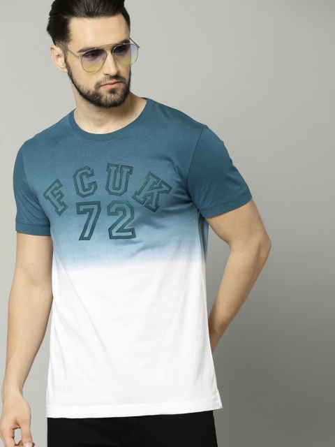 

French Connection Men Blue & White Ombre-Dyed Round Neck T-shirt