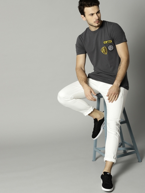 

French Connection Men Charcoal Grey Solid Round Neck T-shirt