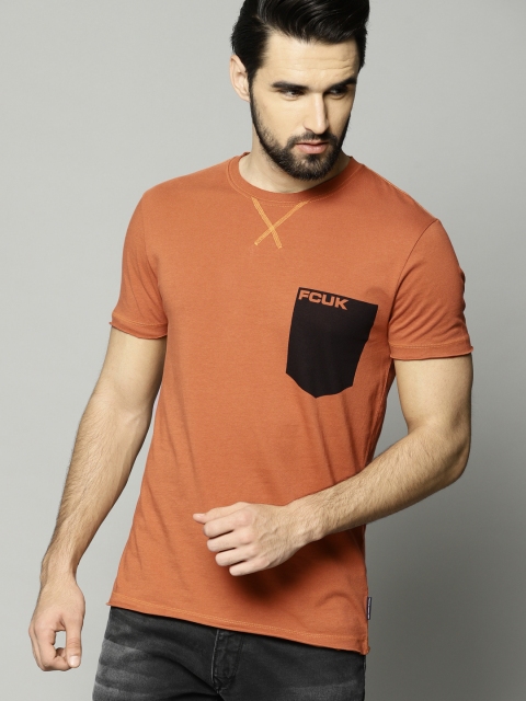 

French Connection Men Rust Orange Solid Round Neck T-shirt