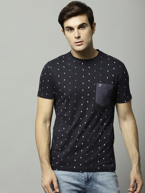 

French Connection Men Navy Blue & White Printed Round Neck T-shirt
