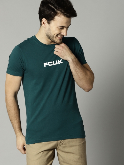 

French Connection Men Teal Green Solid Round Neck T-shirt