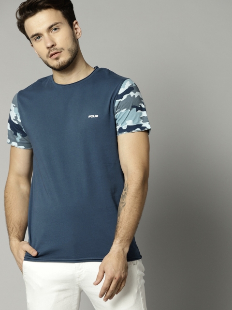 

French Connection Men Blue Solid Round Neck T-shirt