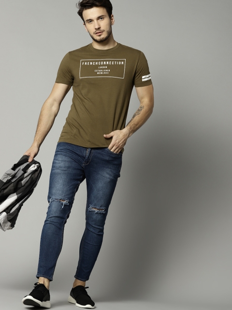 

French Connection Men Olive Green Printed Round Neck T-shirt