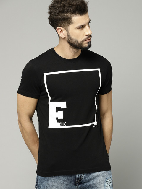 

French Connection Men Black Slim Fit Printed Round Neck T-shirt