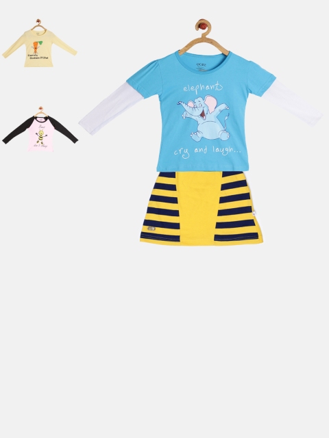 

GKIDZ Girls Pack of 3 Printed T-shirts with Skirt, Blue