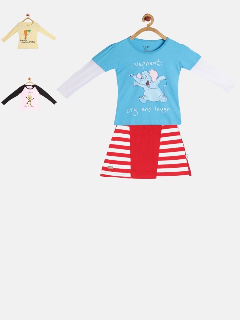 

GKIDZ Girls Pack of 3 Printed T-shirts with Skirt, Blue