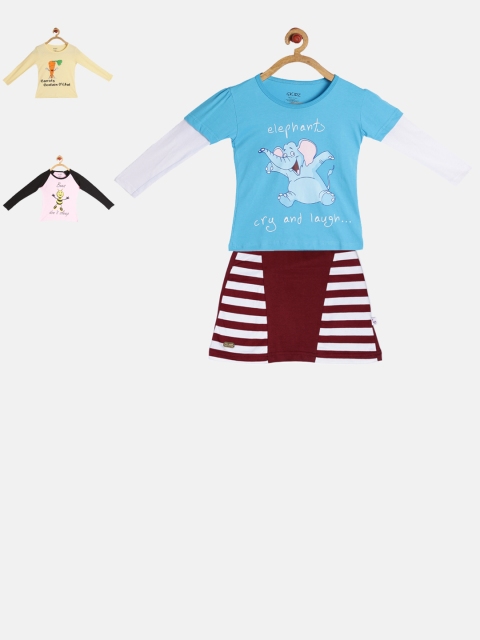 

GKIDZ Girls Pack of 3 Printed T-shirts with Skirt, Pink