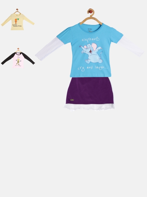 

GKIDZ Girls Pack of 3 Printed T-shirts with Skirt, Pink