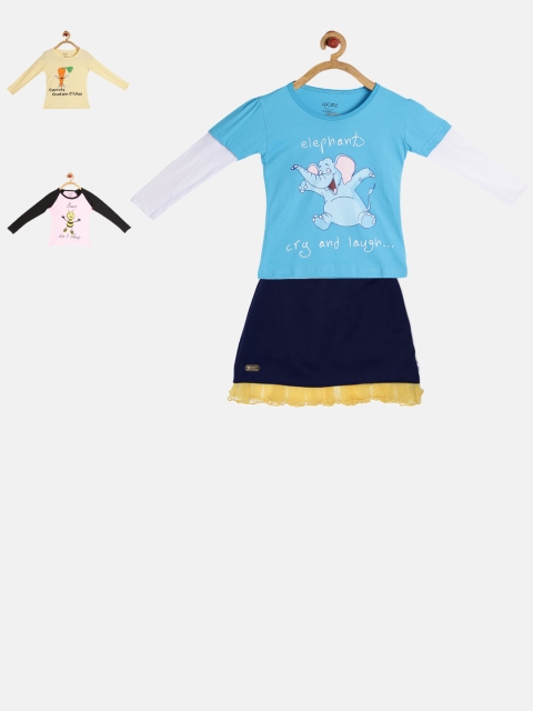 

GKIDZ Girls Pack of 3 Printed T-shirts with Skirt, Pink