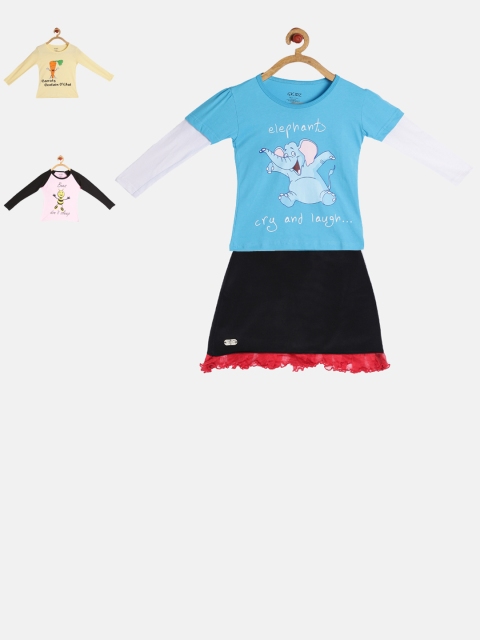 

GKIDZ Girls Pack of 3 Printed T-shirts and Skirt, Pink