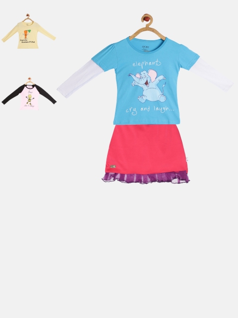 

GKIDZ Girls Pack of 3 Printed T-shirts and Skirt, Pink