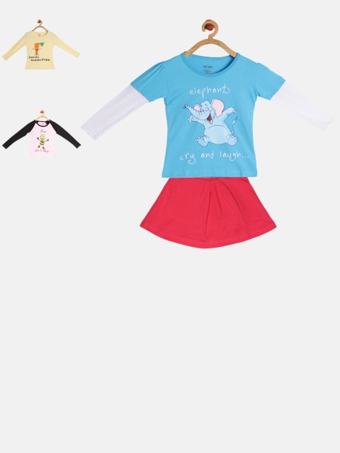 

GKIDZ Girls Pack of 3 Printed T-shirts and Skirt, Pink