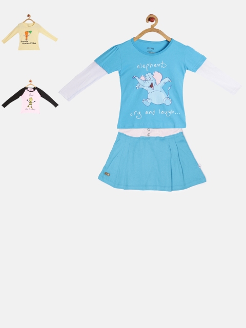 

GKIDZ Girls Pack of 3 Printed T-shirts and Skirt, Pink