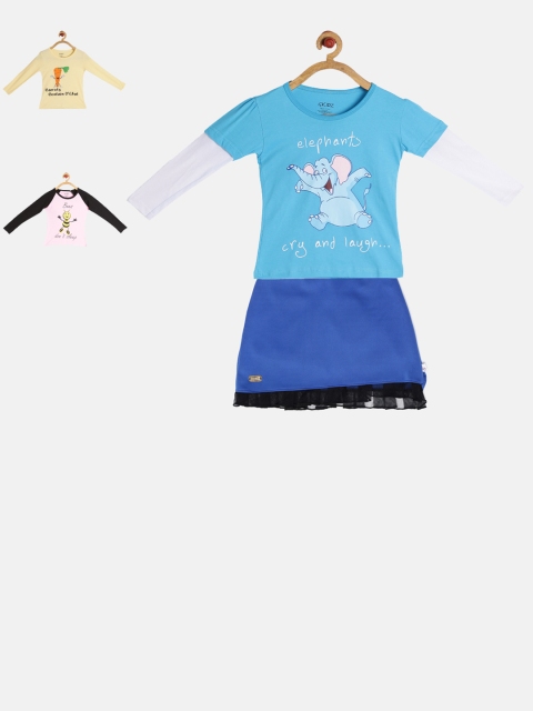 

GKIDZ Girls Pack of 3 Printed T-shirts and Skirt, Pink