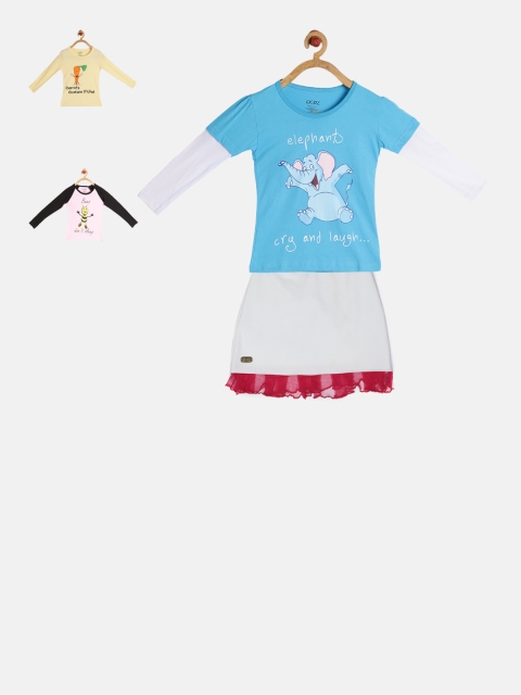 

GKIDZ Girls Pack of 3 Printed T-shirts and Skirt, Pink