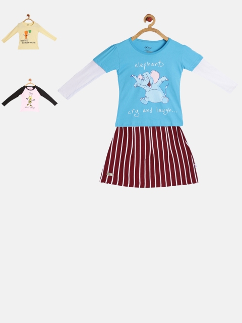 

GKIDZ Girls Pack of 3 Printed T-shirts and Skirt, Pink
