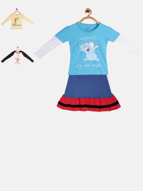 

GKIDZ Girls Pack of 3 Printed T-shirts and Skirt, Pink